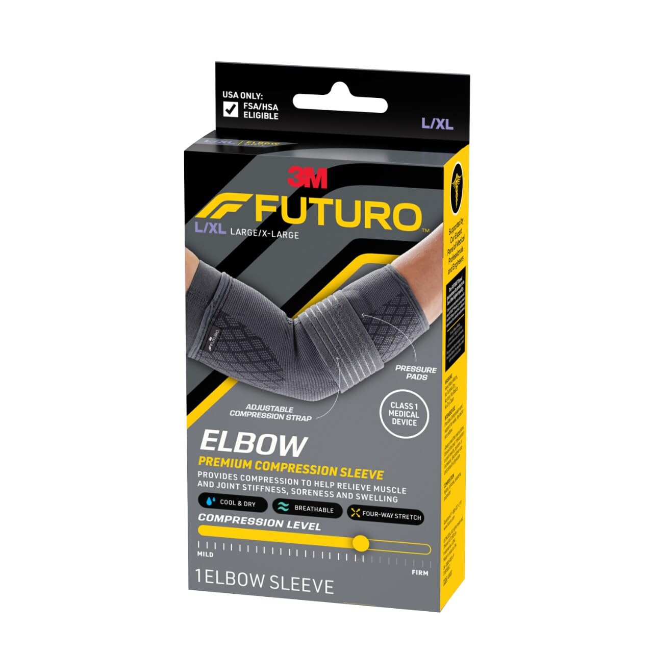 FUTURO™ Premium Compression Elbow Sleeve, with Wrap-Around Strap and Two Gel Pressure Pads, for Mild Tendonitis, Golfer’s Elbow, Tennis Elbow, Swelling, Sprains, and Strains, Large/XLarge