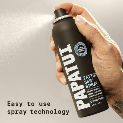 PAPATUI by Dwayne Johnson 360° Tattoo Spray | Revitalize, Protect and Brighten Tattoos | Non-Greasy, Fast-Absorbing Formula | Made with Vitamin E | Coconut Woods | 4oz