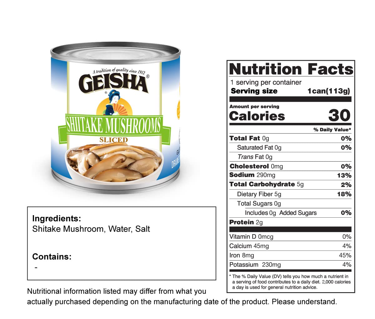 GEISHA Shiitake Mushrooms Sliced 4OZ. (Pack of 12), Shiitake | Halal Certified － NON-GMO － Gluten Free－Good Source of Fiber－Rich in Iron－Only 30 Calories per Container