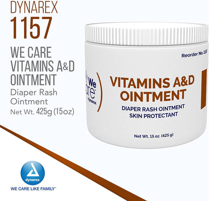 Dynarex Vitamins A & D Ointment, Ointment with Vitamin A and Vitamin D Skin Protectant, for Diaper Rash and Discomfort, White, 4 - 15 oz Jars of Dynarex Vitamins A & D Ointment