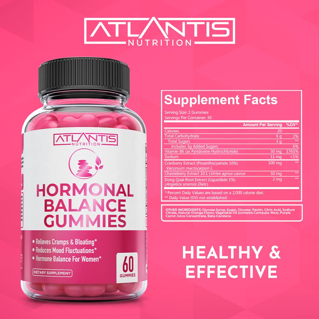Atlantis Nutrition Hormonal Balance for Women & PMS Relief Gummies - Alleviates Cramps, Bloating, Mood Swings, Hot Flashes & Night Sweats - Cranberry, Dong Quai & Chasteberry Menstrual Cramp Relief