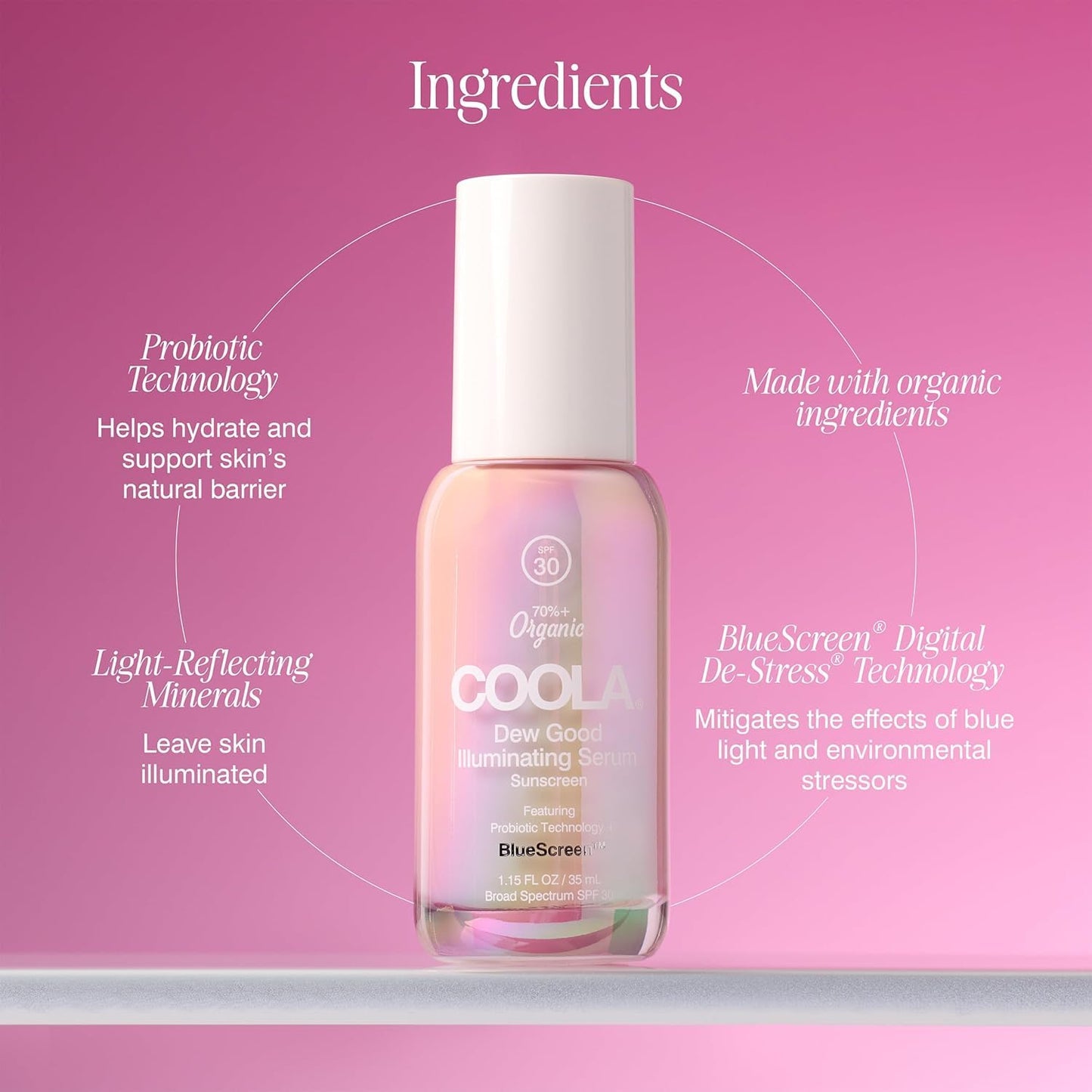 COOLA Organic Dew Good Illuminating Probiotic Serum with SPF 30, Dermatologist Tested Sunscreen with Plant-Derived BlueScreen Digital De-Stress Technology, 1.15 Fl Oz