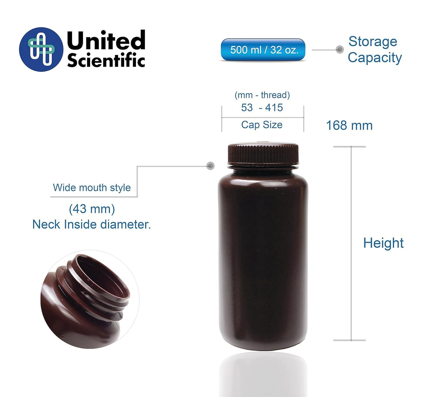 United Scientific® 33465PK2 - Sample Containers with Lids - Laboratory Grade Amber HDPE Wide Mouth Reagent Bottle - 16 Oz Bottles (500ml) Multi-Purpose Plastic Bottles with Lids, Pack of 2