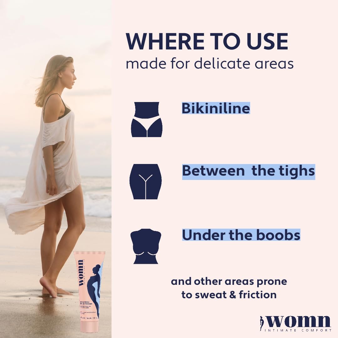 womn Intimate Comfort DRY & FRESH LIQUID POWDER – Talc-Free Anti-Chafe Cream for Under-Bust, Thighs & Groin. Natural Moisture & Friction Control, 1.7 Fl. Oz.