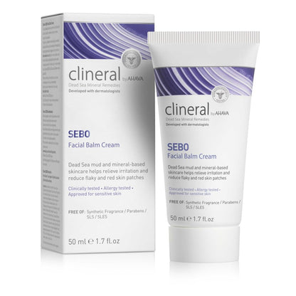 AHAVA Clineral Sebo Facial Balm Cream - Rich balm reduces facial irritation & redness, softens dry & sensitive skin, enriched with Osmoter, Dead Sea Mud, Aloe Vera, Hippophae & Bergamot Oil, 1.7 Fl.Oz