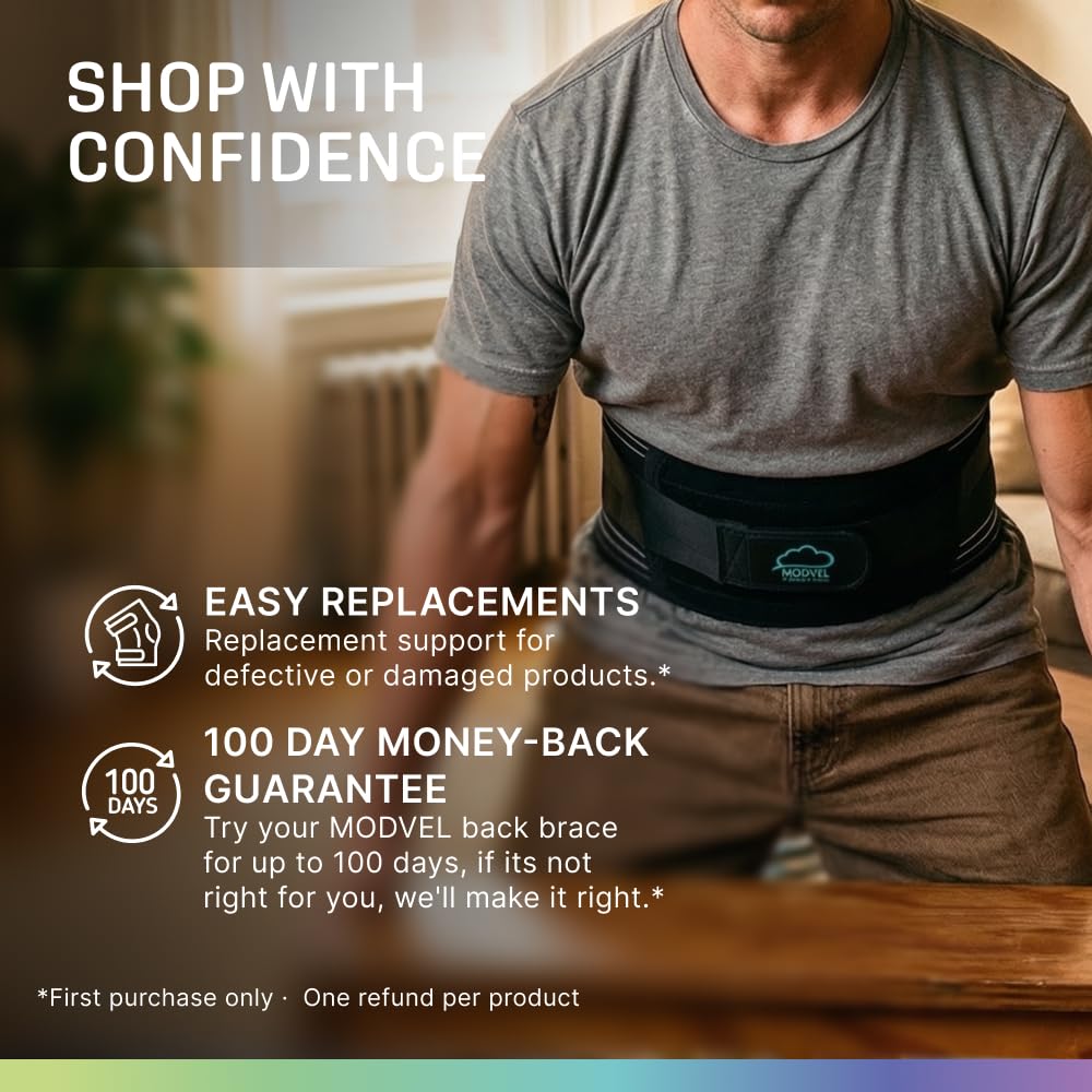 Modvel Back Brace for Lower Back Pain Women and Men – Lumbar Support Belt for Sciatica, Herniated Disc, Muscle Strain – Adjustable Breathable Work Brace with 6 Stays – Support for Posture – Size S