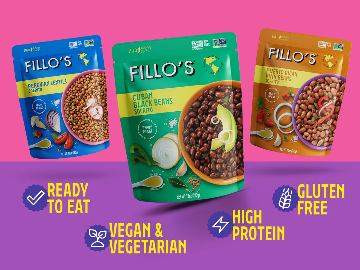 Fillo's Ready to Eat Beans Variety Pack | Black Beans, Lentils, & Pink Beans | Gluten-Free, Preservative-Free, Microwavable Meals, Non-GMO, Vegan, Plant Protein, 10 oz Pk of 6