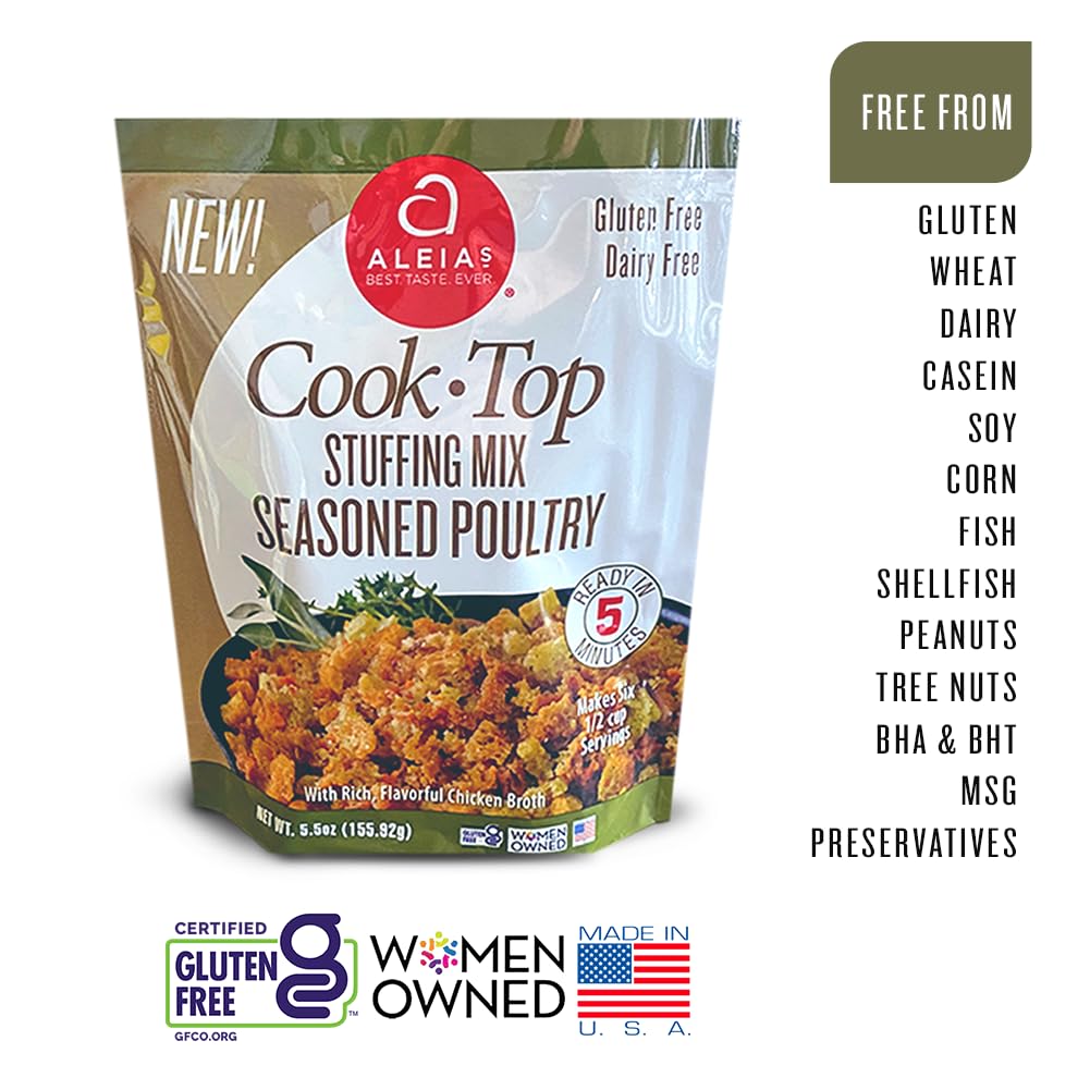Aleia’s Gluten Free Cook Top Stuffing Mix – Seasoned Poultry, 5.5oz (3 Pack) – Ready in 5 Minutes – Rich, Savory Stuffing for Gluten Free Recipes