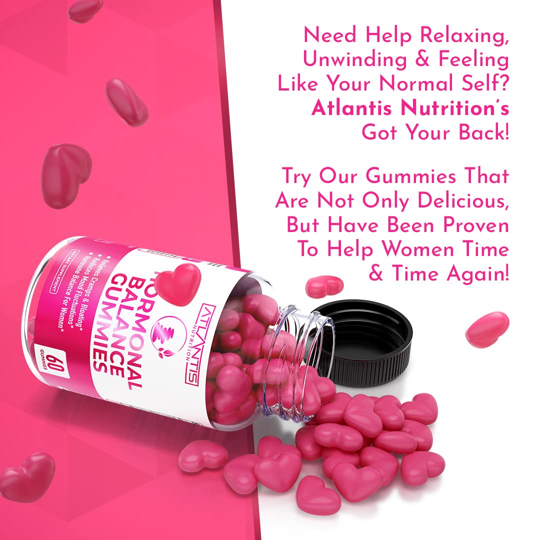 Atlantis Nutrition Hormonal Balance for Women & PMS Relief Gummies - Alleviates Cramps, Bloating, Mood Swings, Hot Flashes & Night Sweats - Cranberry, Dong Quai & Chasteberry Menstrual Cramp Relief