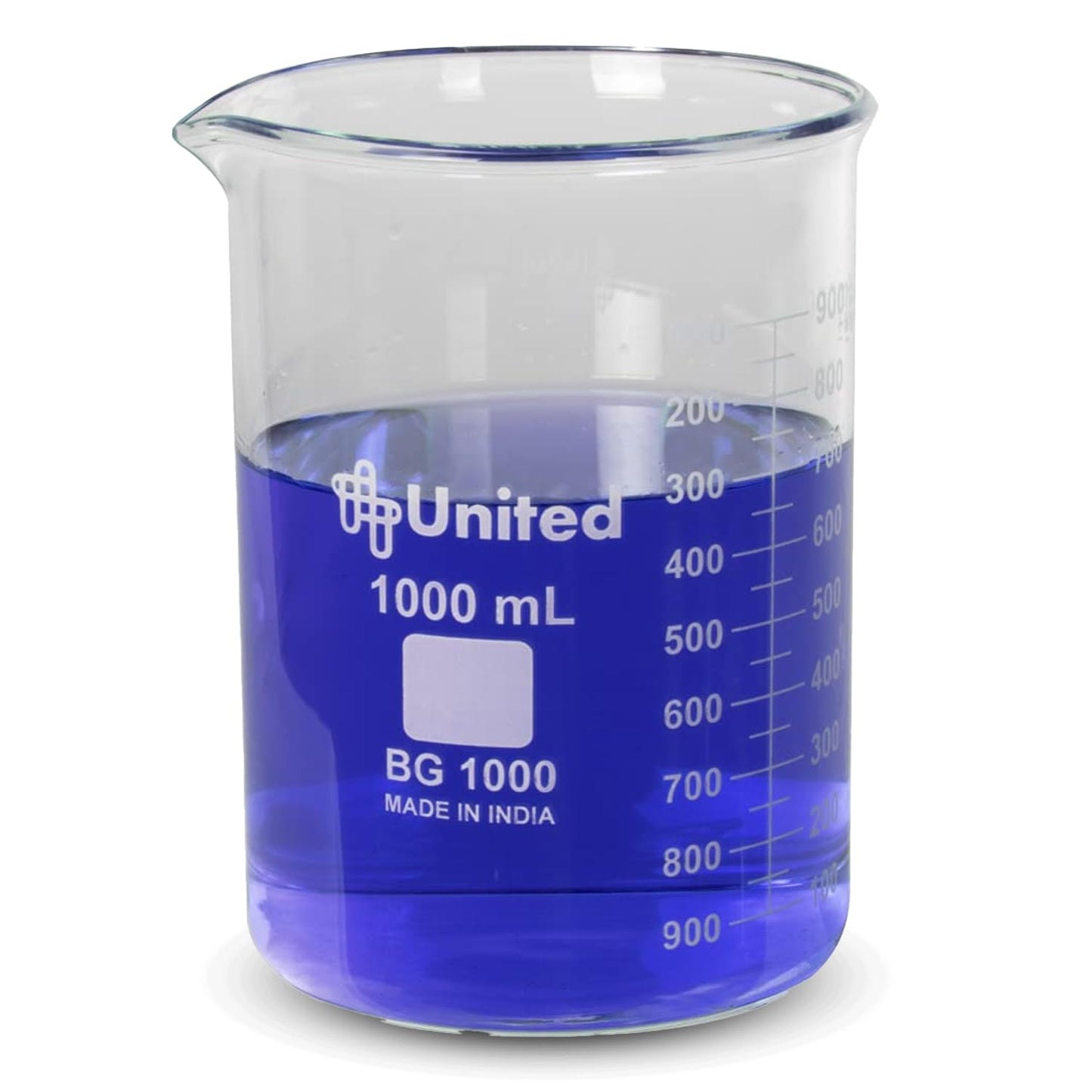 United Scientific™ (1,000mL) 1 Liter Beaker - Low Form Griffin, 3.3 Borosilicate Glass Beaker, Double Scale Graduated Chemistry Glassware with Pour Spout, Autoclavable Laboratory Glassware, 1 Each