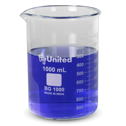 United Scientific™ (1,000mL) 1 Liter Beaker - Low Form Griffin, 3.3 Borosilicate Glass Beaker, Double Scale Graduated Chemistry Glassware with Pour Spout, Autoclavable Laboratory Glassware, 1 Each