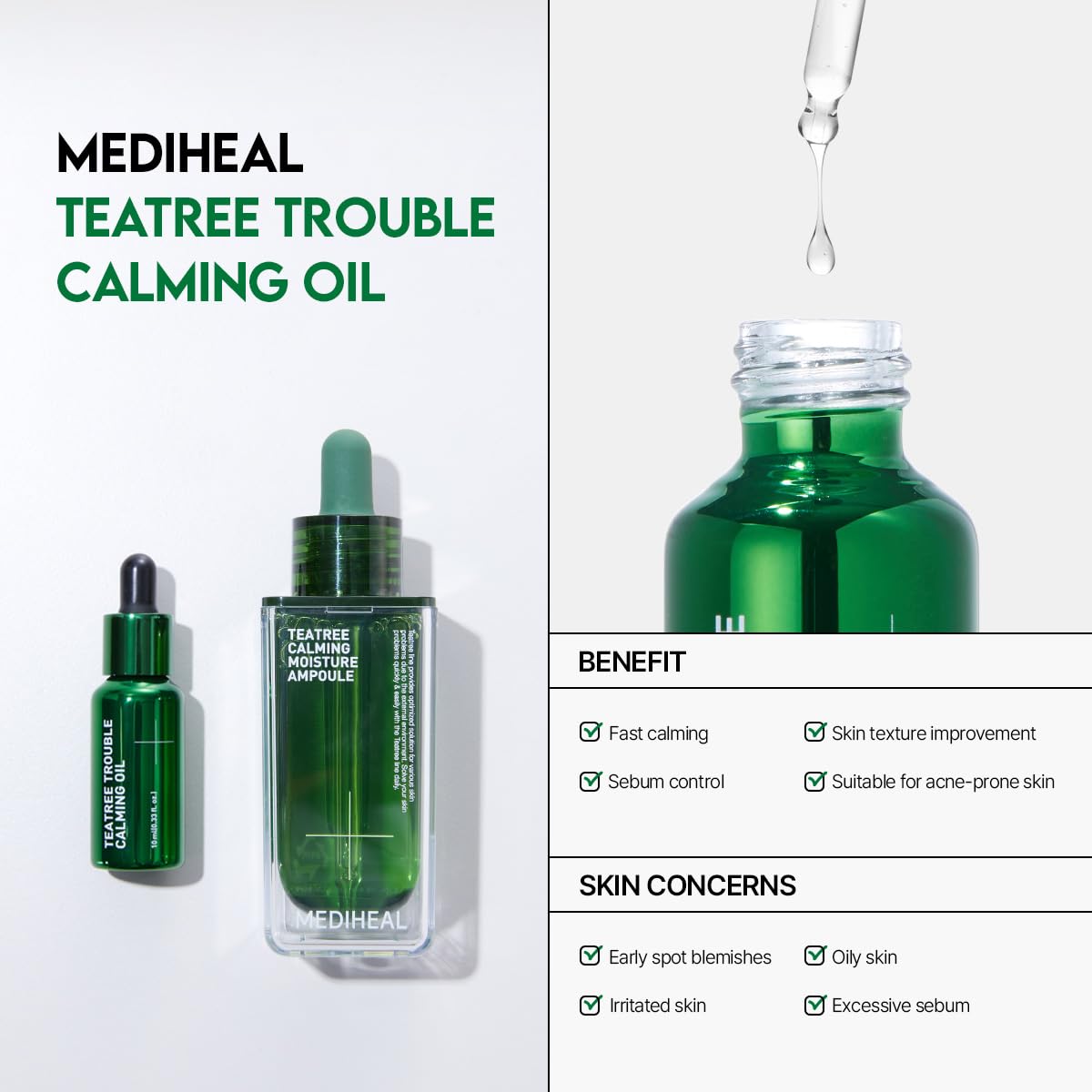 Mediheal Teatree Trouble Calming Oil (0.33 fl oz), Quick Calming and Deep Hydration with Control Excess Oil for Sensitive Skin Type