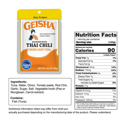 GEISHA Chunk Light Tuna Seasoned with Thai Chili Sauce 3.53oz (Pack of 12), Tuna| HALAL & Kosher Certified – Gluten Free – Wild Caught – Dolphin Safe Catch – Good Source of Protein