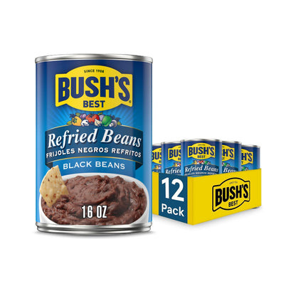 BUSH'S BEST 16 oz Canned Black Refried Beans, Source of Plant Based Protein and Fiber, Low Fat, Gluten Free, (Pack of 12)