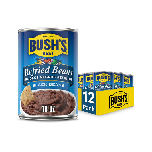 BUSH'S BEST 16 oz Canned Black Refried Beans, Source of Plant Based Protein and Fiber, Low Fat, Gluten Free, (Pack of 12)