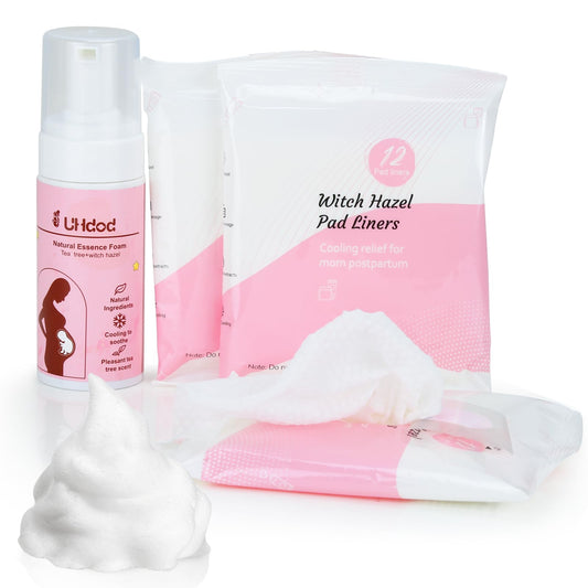 UHdod Witch Hazel Perineal Soothing Foam & Perineal Cooling Pad Liners for Postpartum Care - Postpartum Essentials Recovery Kit Includes 5 Fl Oz Witch Hazel Foam, 36 Perineal Cooling Pad Liners