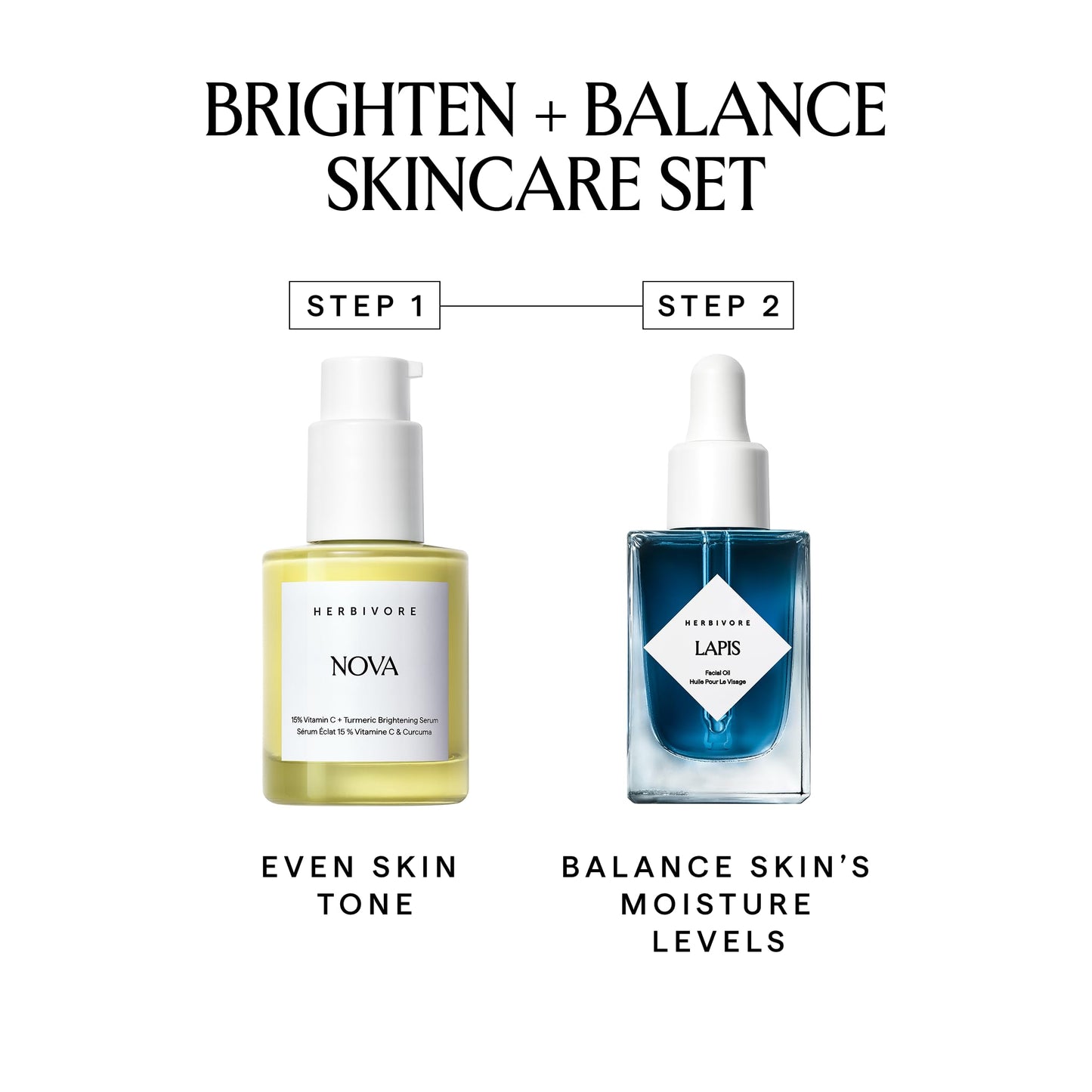 HERBIVORE Brighten + Balance Skincare Set | Nova 15% Vitamin C Brightening Serum + Lapis Blue Tansy Skin Balancing Face Oil
