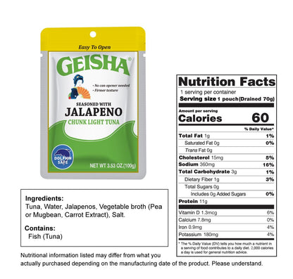 GEISHA Chunk Light Tuna Seasoned with Jalapeno 3.53oz (Pack of 12), Tuna| HALAL & Kosher Certified – Gluten Free – Wild Caught – Dolphin Safe Catch – Good Source of Protein