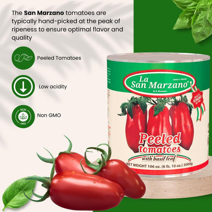 La San Marzano Large Can, Peeled Plum Tomatoes in Puree with Basil Leaf, 106 oz (#10 Can), Premium Quality, 100% Product of Italy, Authentic Italian Flavor