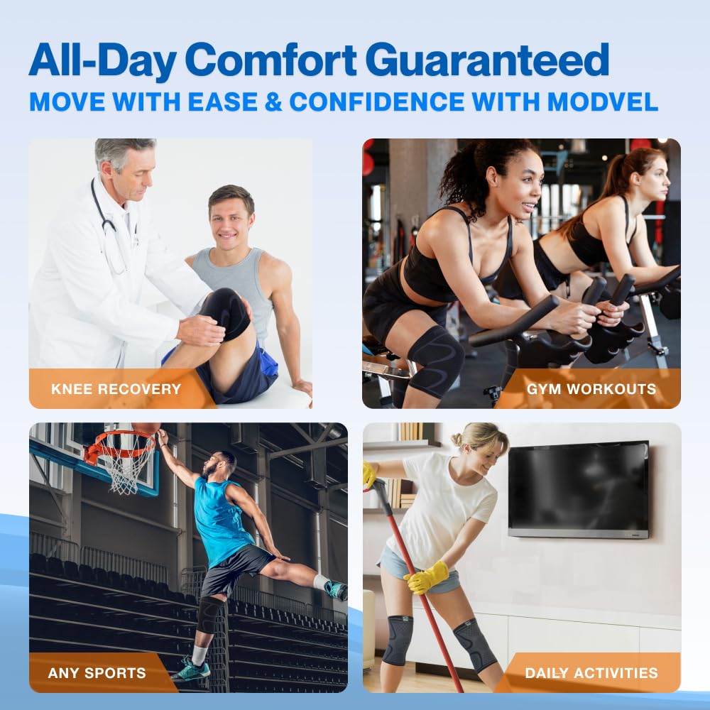 Modvel 2 Pack Knee Brace for Women & Men - Workout Knees Compression Sleeve for Knee Pain Relief Joint Support for ACL, Arthritis, Meniscus Tear Knees Brace for Sports, Rodilleras para Gym Fitness