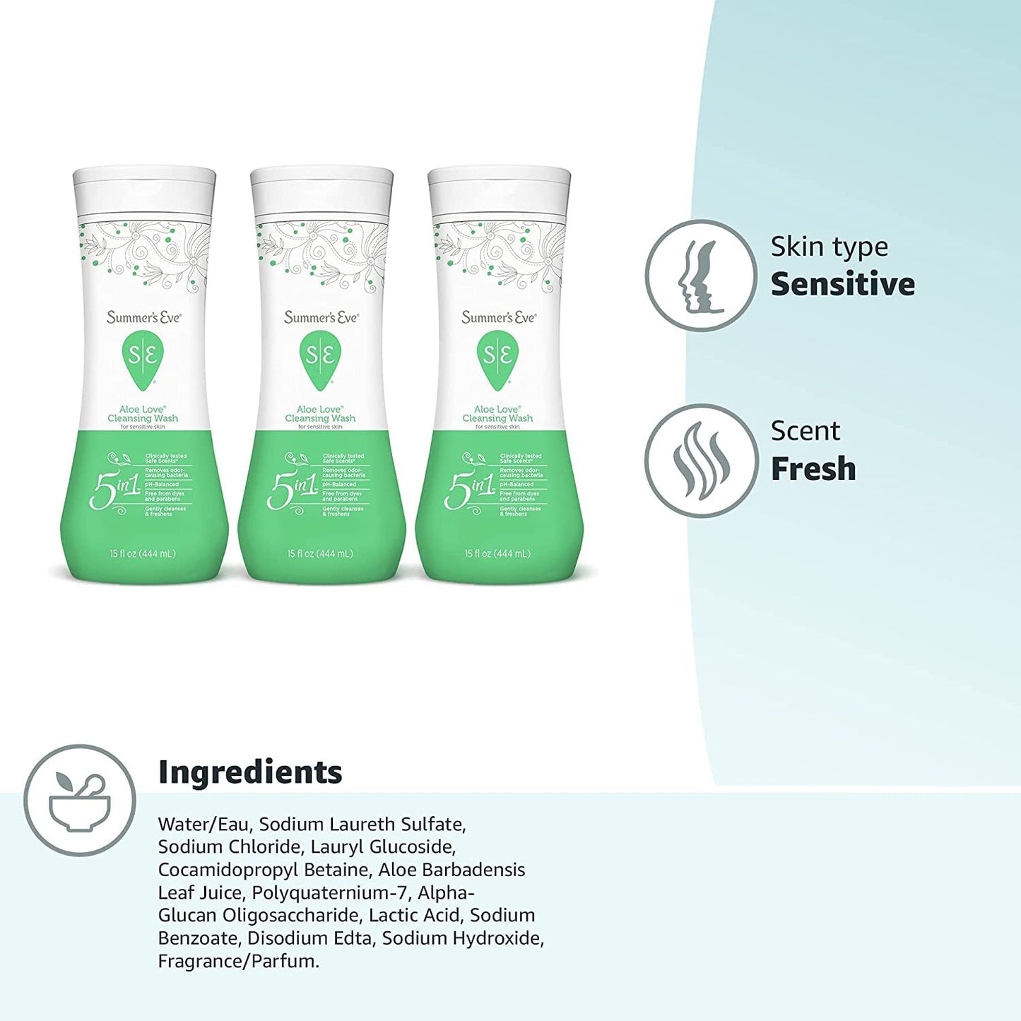 Summer's Eve Aloe Love Gentle Daily Feminine Wash, Removes Odor, pH balanced, 15 fl oz. (Pack of 1)