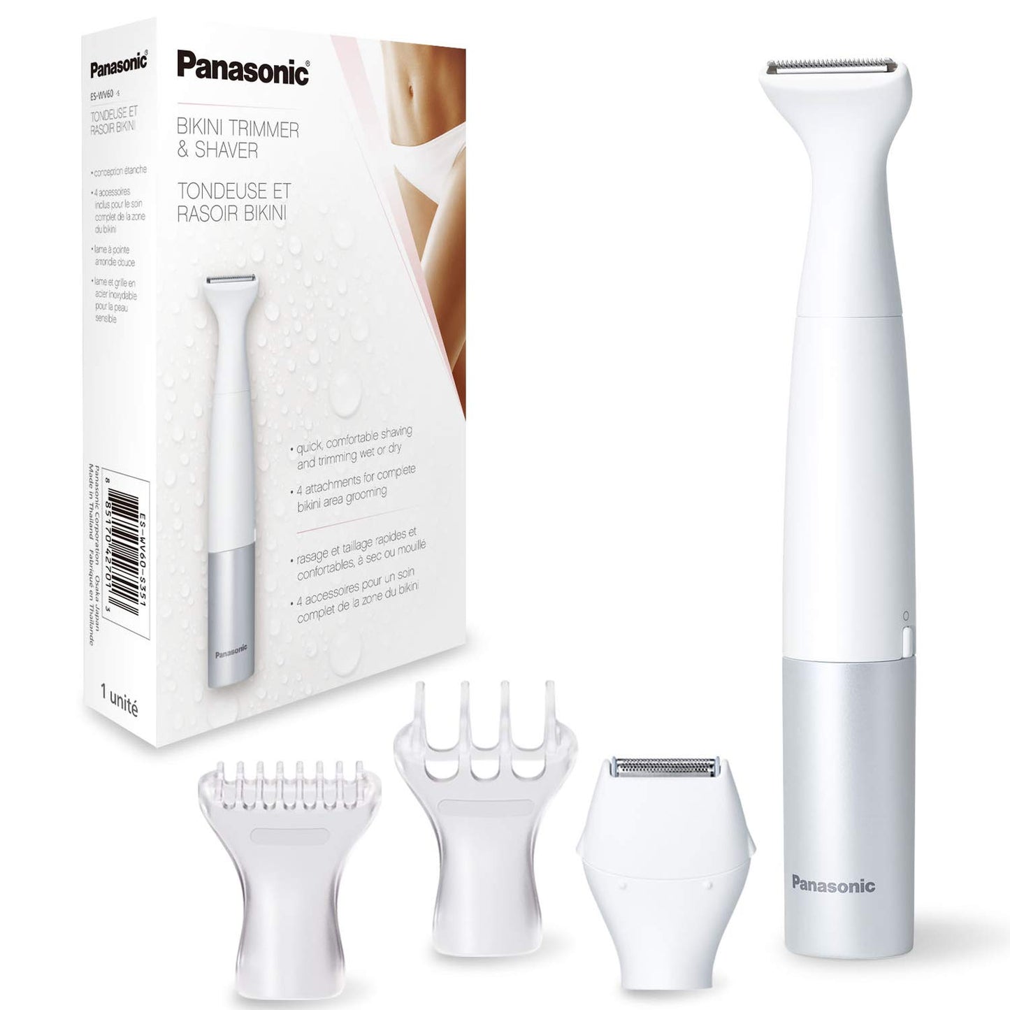 Panasonic Bikini Trimmer and Shaver for Women with 4 Attachments for Gentle Grooming in Sensitive Areas, Wet/Dry, Battery-Operated – ES-WV60-S (White / Silver)