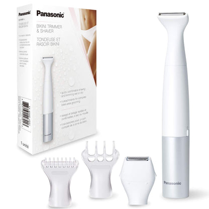 Panasonic Bikini Trimmer and Shaver for Women with 4 Attachments for Gentle Grooming in Sensitive Areas, Wet/Dry, Battery-Operated – ES-WV60-S (White / Silver)