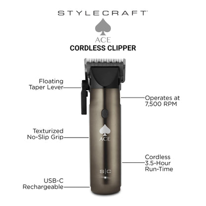 Stylecraft Ace Cordless Hair Clipper for Men, Single Foil Shaver with Integrated Trimmer, USB-C Rechargeable, Lightweight Ergonomic Grip