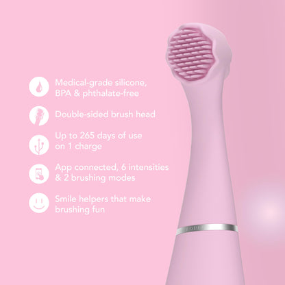 FOREO ISSA 4 Baby – Silicone Sonic Electric Toothbrush Bundle for Babies, 2-Sided Bristles, Fun Smile Feature, Gum Massage, 12 Months of Care with Extra Brush Head, Travel-Friendly - Pearl Pink