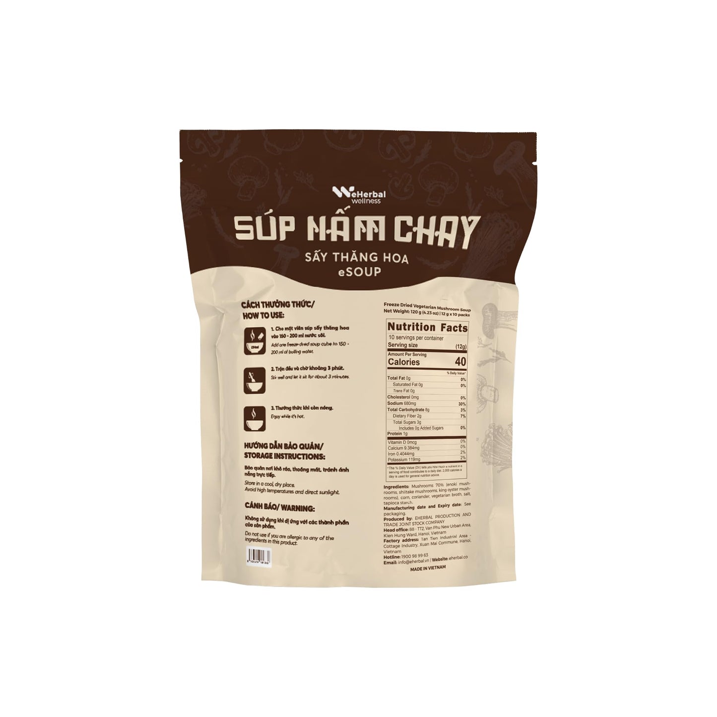 eHerbal Instant Mushroom Soup Cubes Freeze-Dried | 100% Real Mushrooms (Enoki, Shiitake, King Oyster) | Vegan, Quick & Delicious | 10 Servings, 120g (4.23oz)