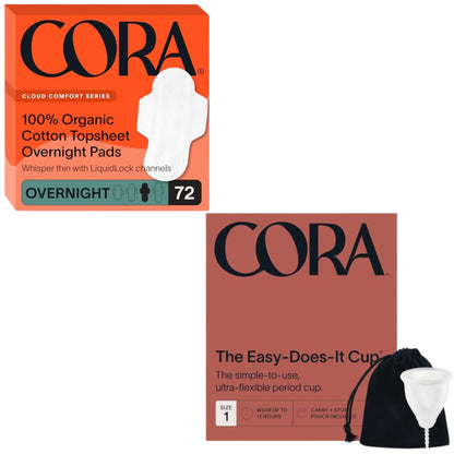 Cora Organic Feminine Care | 72 Overnight Pads with Wings and a Menstrual Period Cup | Medical Grade Silicone | Eco-Conscious | Bundle Pack