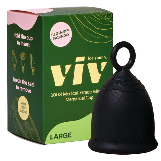 Viv for Your V Large Premium Menstrual Cups for Heavy Flow, Pull Tab Ring Stem Easy Removal, Soft Tampon Alternative, Comfortable 12 Hour Wear, Medical-Grade Silicone Reusable Period Cup