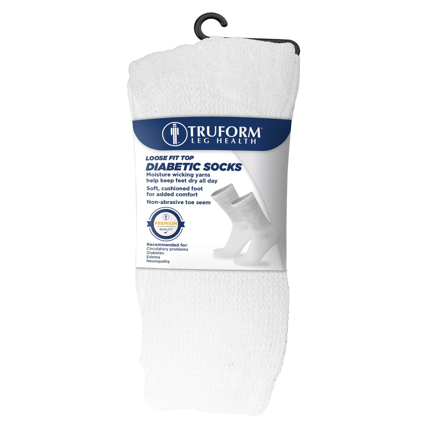 Truform Premiere Diabetic Socks for Men and Women, Medical Style Crew Length, Mid Calf Height, White, Large