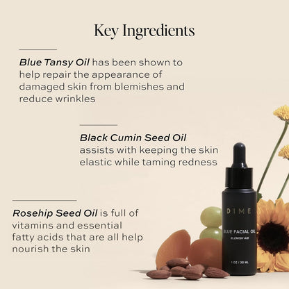 DIME Beauty Blue Facial Oil, 1 oz / 30 mL - Blemish Spot Treatment with Blue Tansy, Black Cumin Seed, Rosehip, and Grapeseed Oils