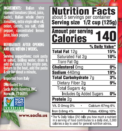 SACLA Arrabbiata Cherry Tomato Pasta Sauce with No Added Sugar | 100% Italian Grown Tomatoes with Spicy Red Chili Pepper | 24 oz Glass Jar | Imported from Italy | Non-GMO Authentic Italian Sauce