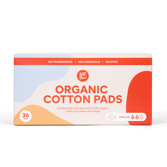 Aunt Flow Organic Cotton Pads with Wings - Regular Absorbency Menstrual Pads, Dioxin-Free, Hypoallergenic, 36 Count