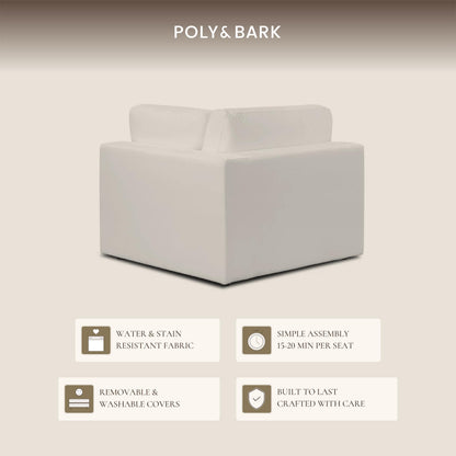 Poly & BARK Vari Modular Right Facing Corner Seat with Arm Cushion in Cotton White Performance Fabric with Water Repellent Washable Covers Plush Comfort for Custom Sectional Sofa Layouts