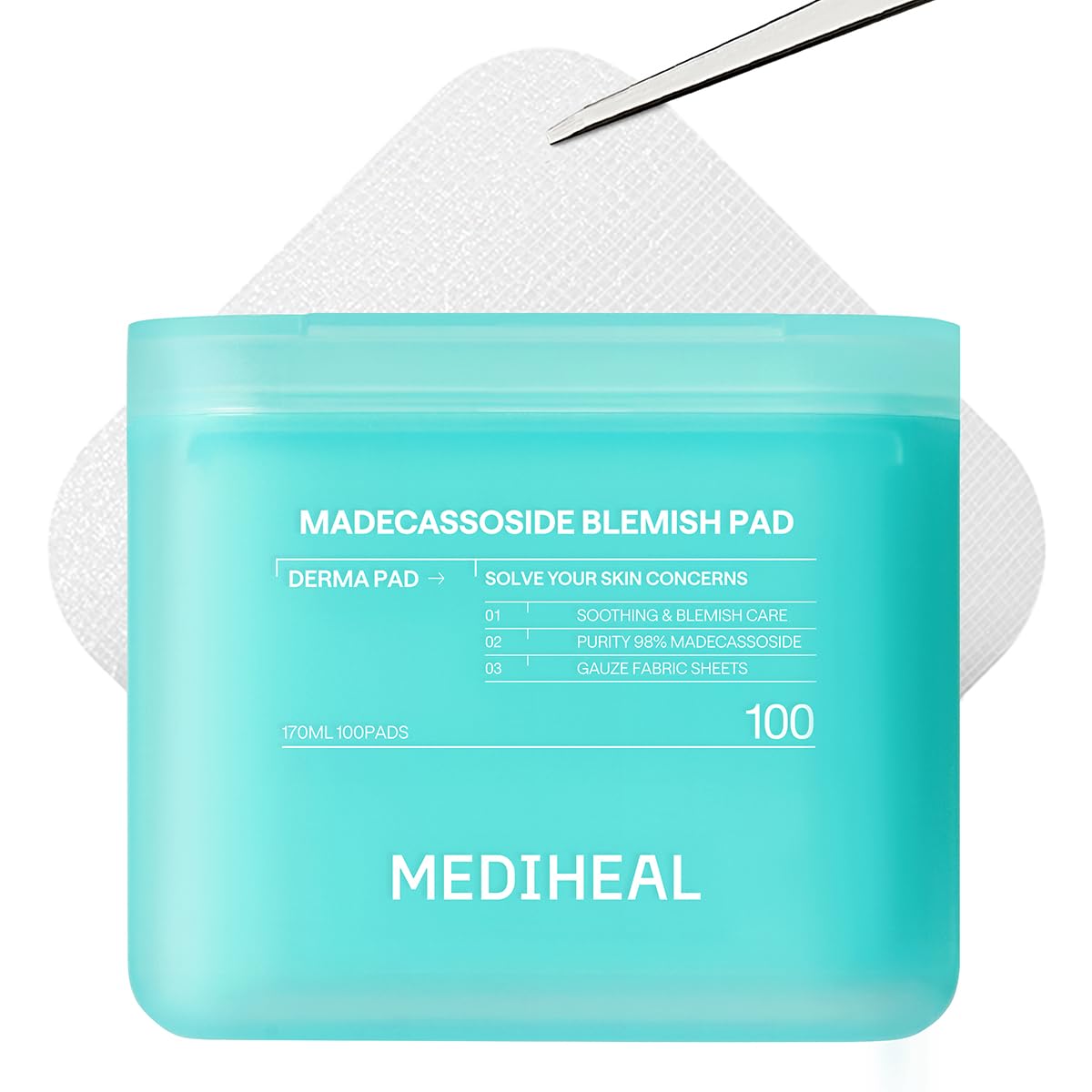 MEDIHEAL Madecassoside Blemish Pad - Square Cotton Facial Toner Pads with Centella Asiatica & Madecassoside – Anti Blemish to Improve Uneven Skin Tone - Vegan Face Gauze Pads, 100