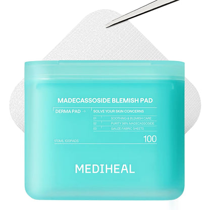 MEDIHEAL Madecassoside Blemish Pad - Square Cotton Facial Toner Pads with Centella Asiatica & Madecassoside – Anti Blemish to Improve Uneven Skin Tone - Vegan Face Gauze Pads, 100