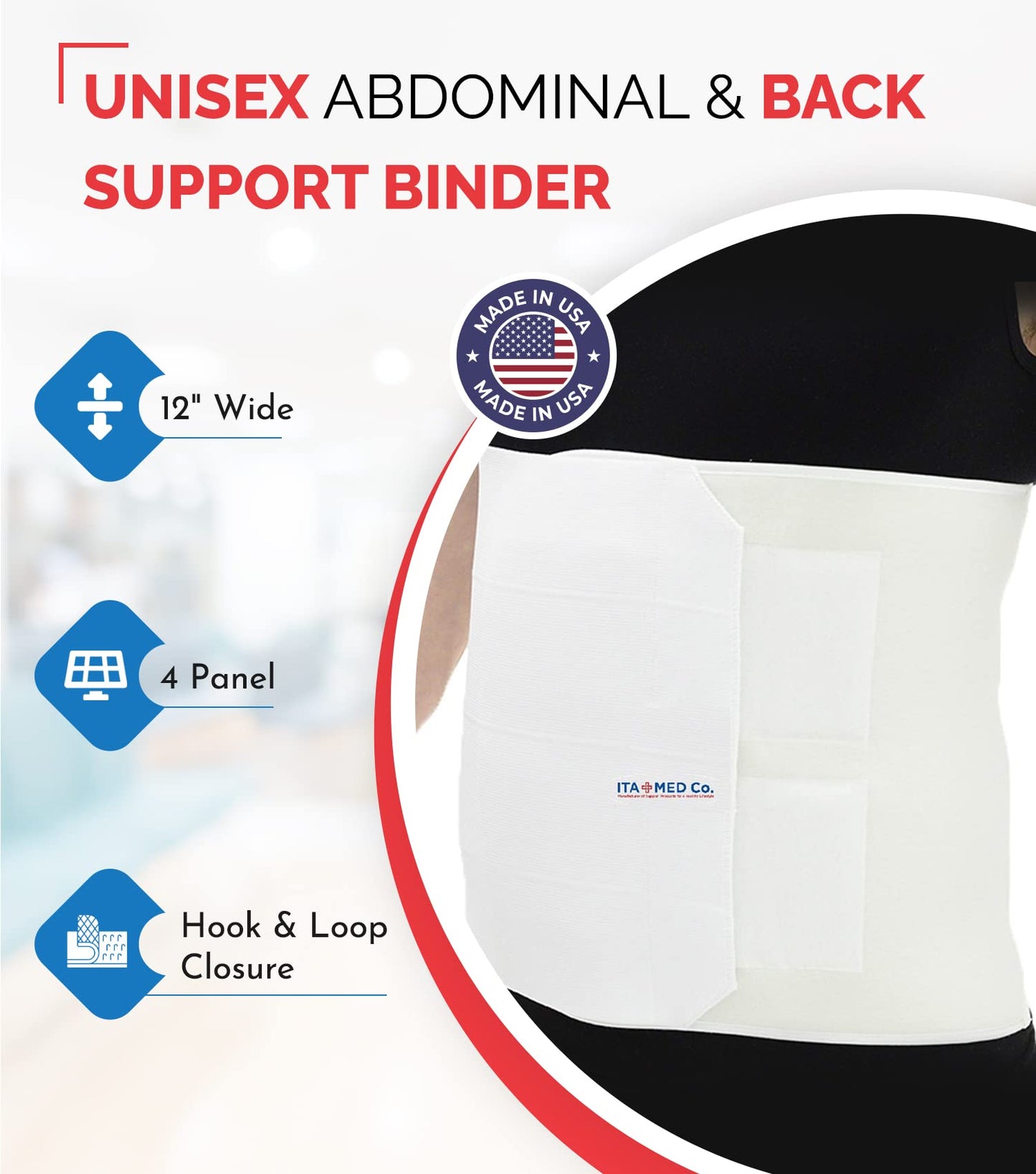 ITA-MED Unisex 12” Abdominal Binder – Helps Recover Post-Surgery, Postpartum & Hernia, Made in USA, White (XL)