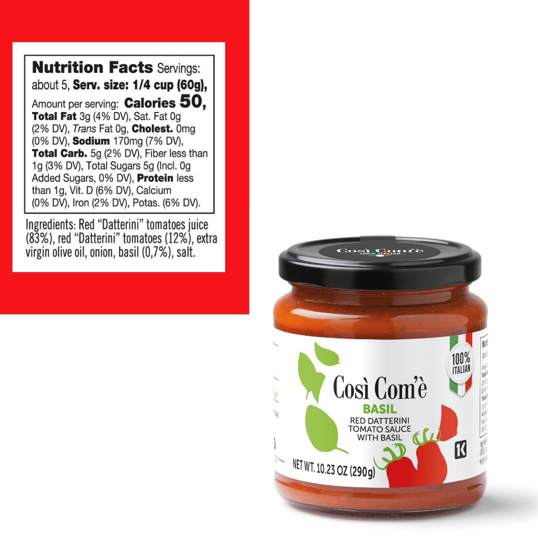 Cosi Come - Red Datterino Tomato sauce with Basil, 10.23 OZ, Non Preservative, Non GMO, Product of Italy