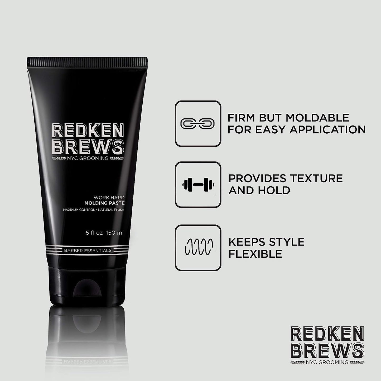 Redken Brews Molding Paste For Men For all Hair Types - High Hold & Maximum Control, Natural and Matte Finish, Sulfate-Free
