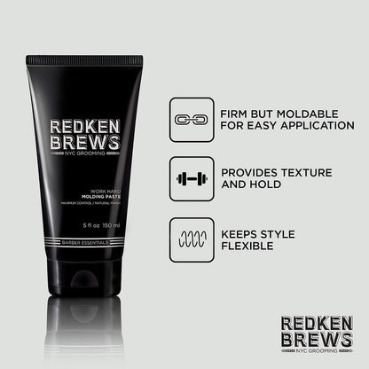 Redken Brews Molding Paste For Men For all Hair Types - High Hold & Maximum Control, Natural and Matte Finish, Sulfate-Free