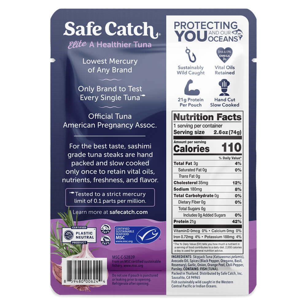 Safe Catch Elite Lowest Mercury Wild-Caught Tuna Fish Pouch, Garlic Herb Flavor, Gluten-Free, Paleo, Non-GMO, High Protein, Keto Food, 2.6oz, Pack of 12
