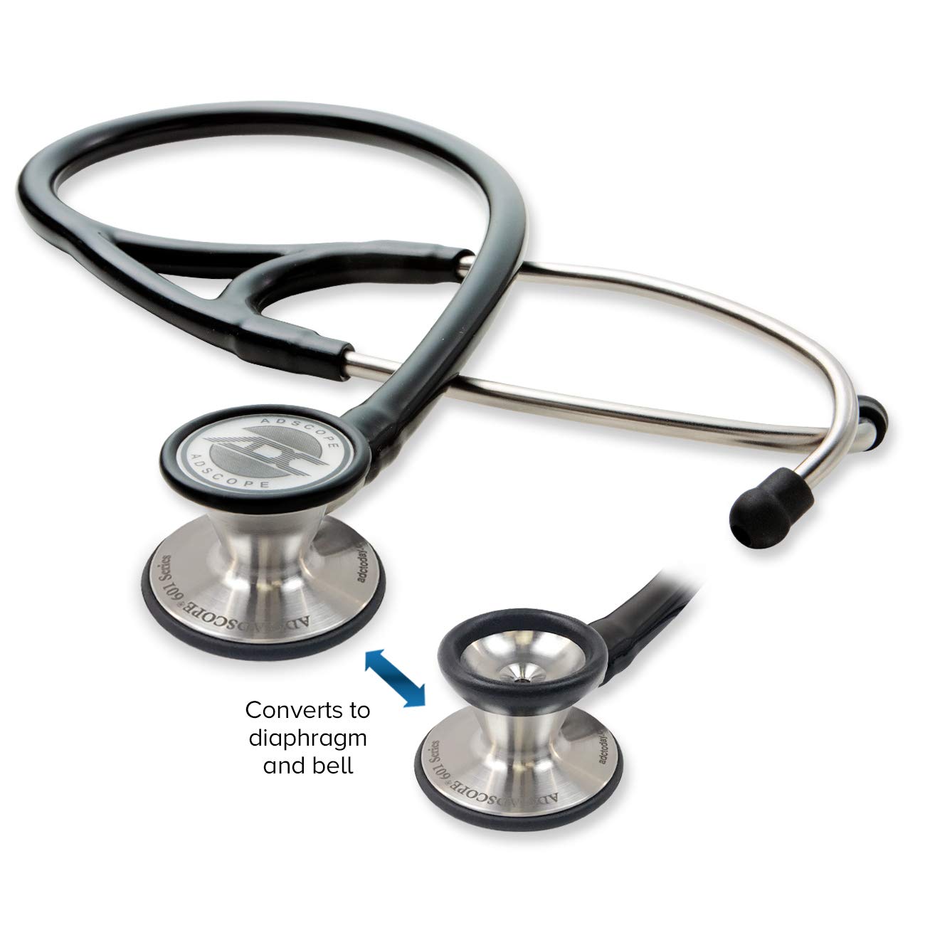 ADC Adscope 601 Convertible Cardiology Stethoscope with Tunable AFD Technology, Adult Diaphragm and Adult Bell or Pediatric Diaphragm, 28 inch Length, Rose Gold with Black Tubing