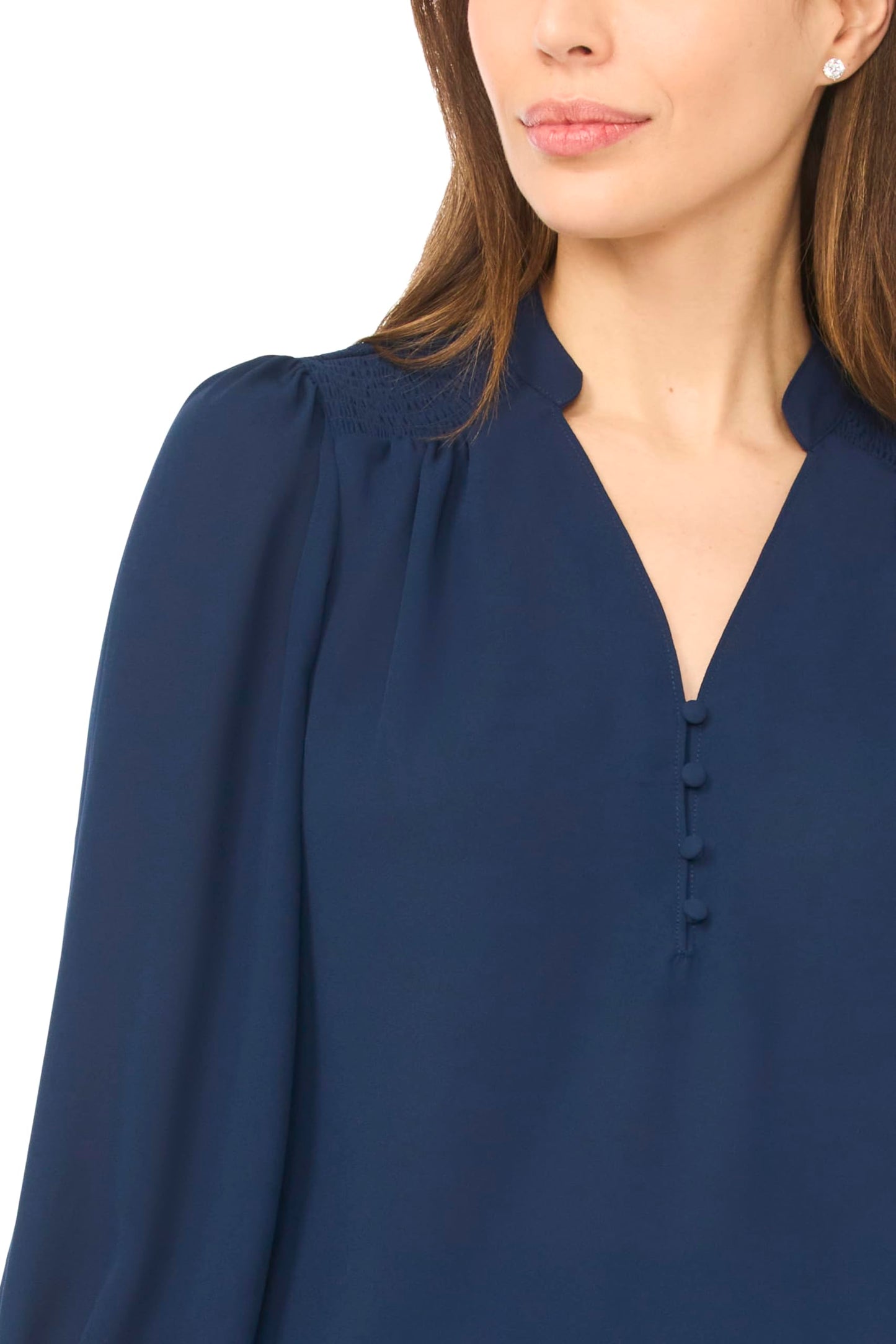 CeCe Women's Long Sleeve Half Placket Smocked Top