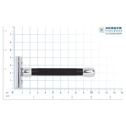 MERKUR 20C Double Edge Safety Razor, Long Handle, Black Anodized Aluminum & Bright Chrome Finish, Three-Piece Design, Closed Comb Straight Bar, Made in Germany