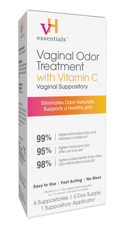 vH Essentials Vaginal Odor Treatment with Vitamin C, Boric Acid Suppositories Alternative, Supports Balanced pH, Eliminates Naturally, Suppositories, 6 w/Applicator, White