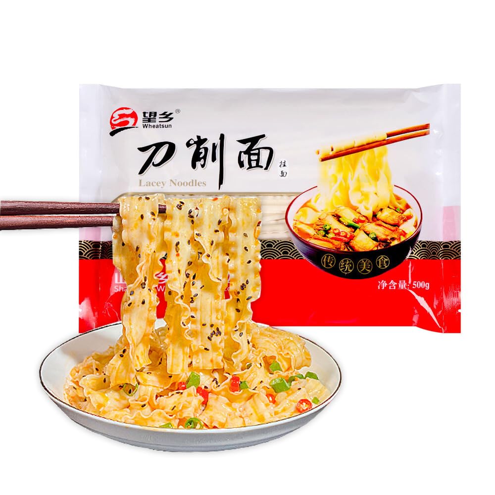 Fraunitsh Knife Sliced Noodles 17.63oz/500g, Instant Knife Shaved Noodles Wavy Knife Cut Noodles Unflavored, Chinese Asian Flat Dry Wide Noodles Hand-Cut Noodles, dao xiao mian, Quick Cooking