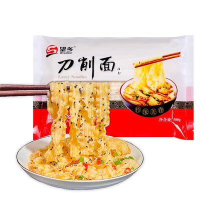 Fraunitsh Knife Sliced Noodles 17.63oz/500g, Instant Knife Shaved Noodles Wavy Knife Cut Noodles Unflavored, Chinese Asian Flat Dry Wide Noodles Hand-Cut Noodles, dao xiao mian, Quick Cooking
